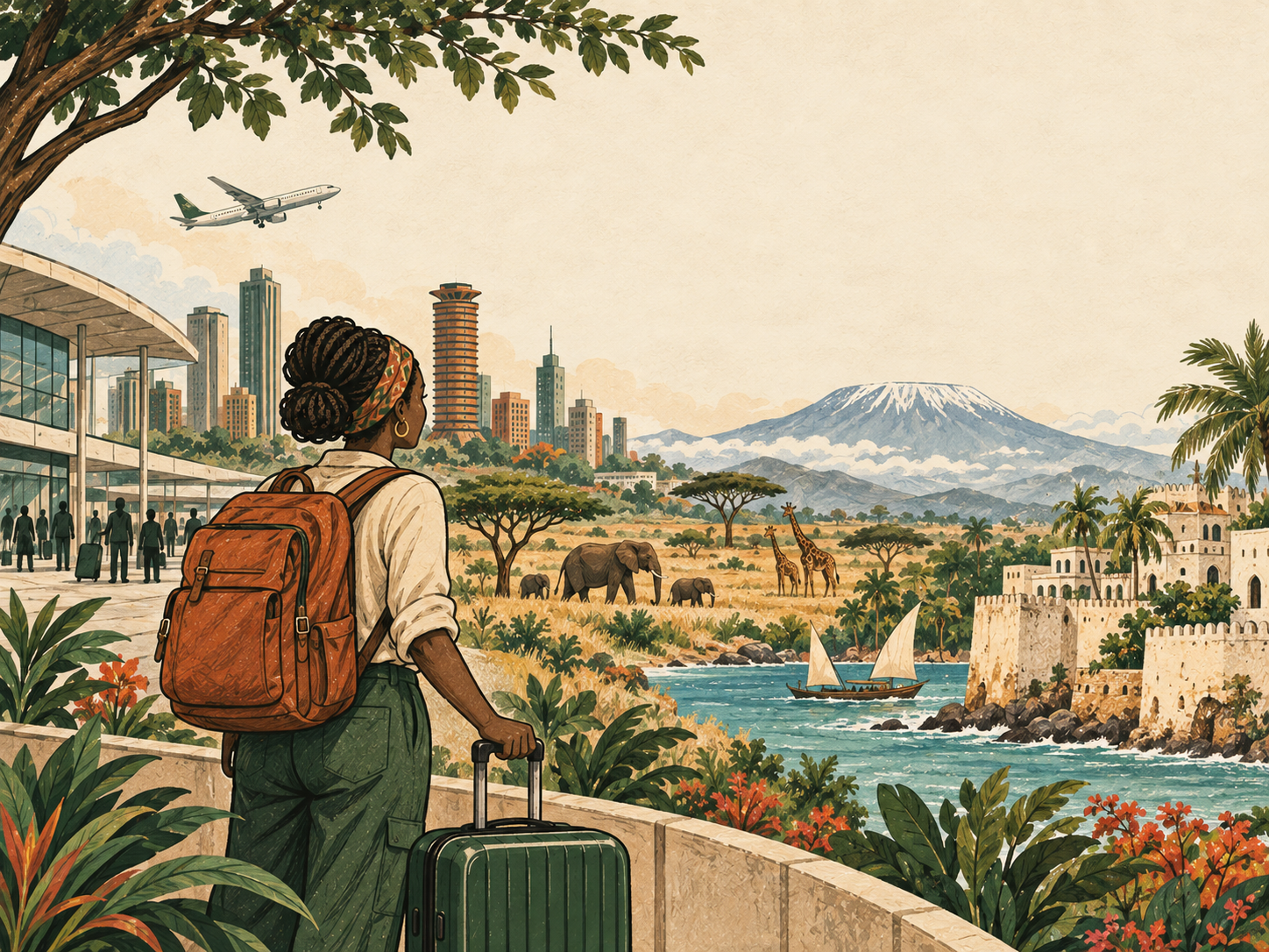 Illustrated scene of Kenya from city to coast